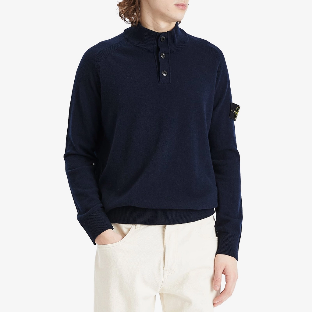 Stone Island Men's Geelong Wool Half Button Knit Navy Blue